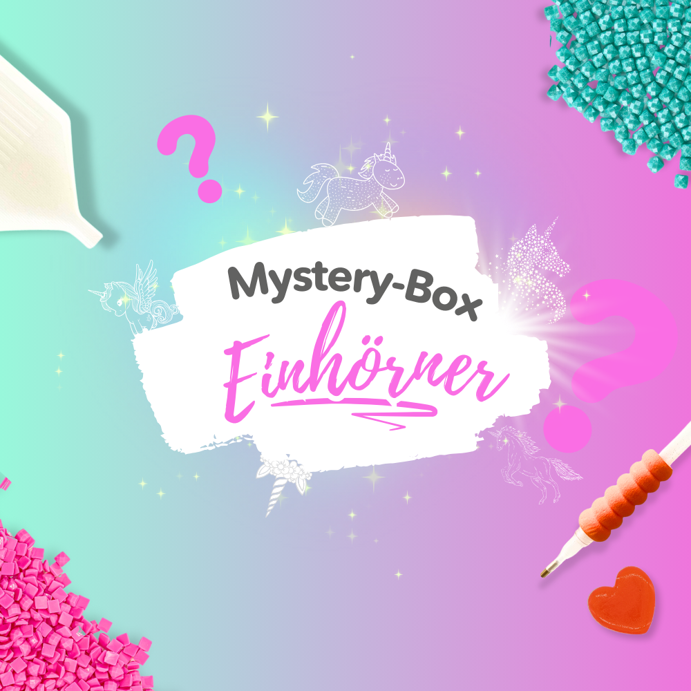 Diamond Painting Mystery Box mit Einhorn Motiv, Zubehör wie Glitzersteine, Stift und Schale auf buntem Hintergrund