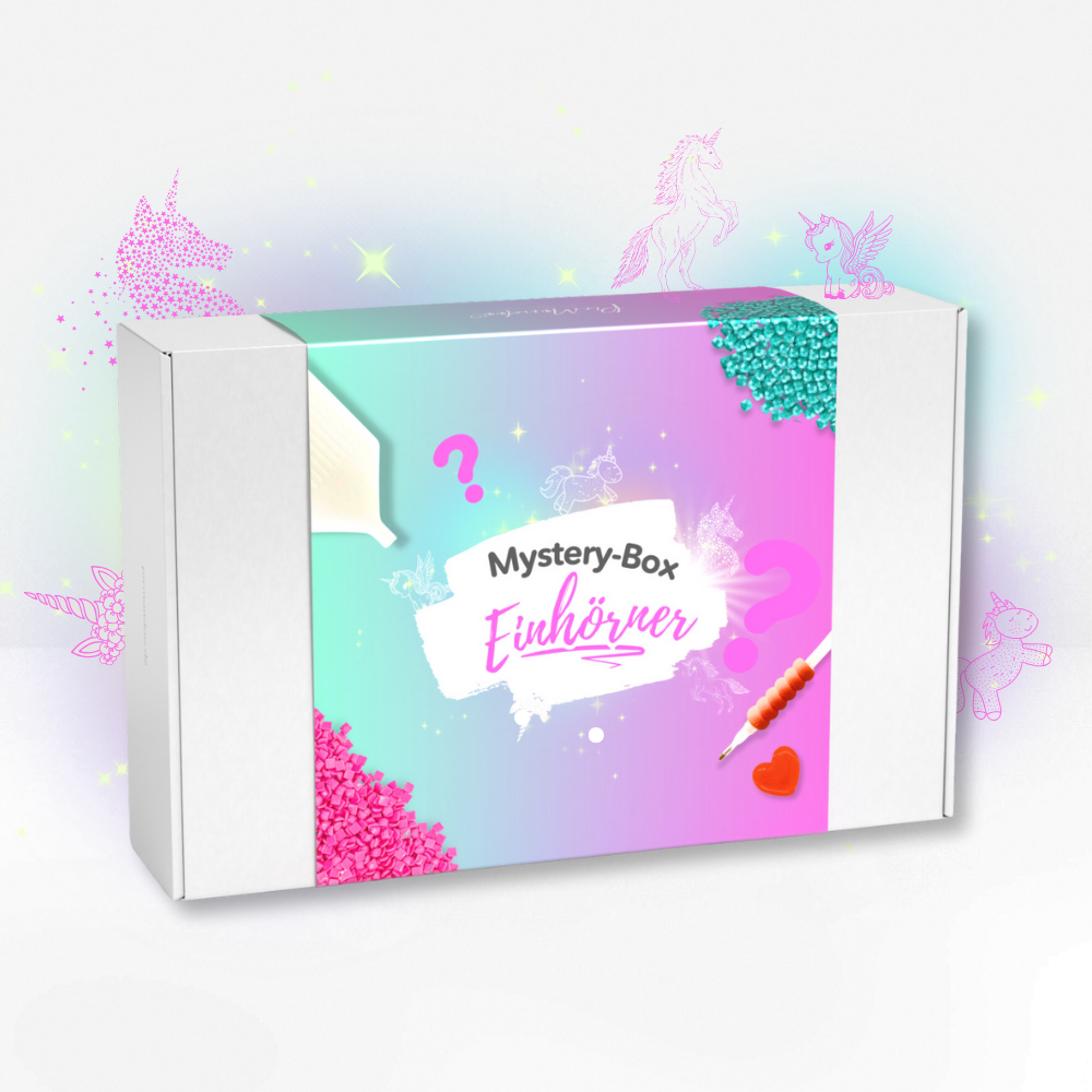 Picmondoo Diamond Painting Mystery-Box Einhörner mit Glitzersteinen, Applikator und Herz-Wachs auf buntem Hintergrund