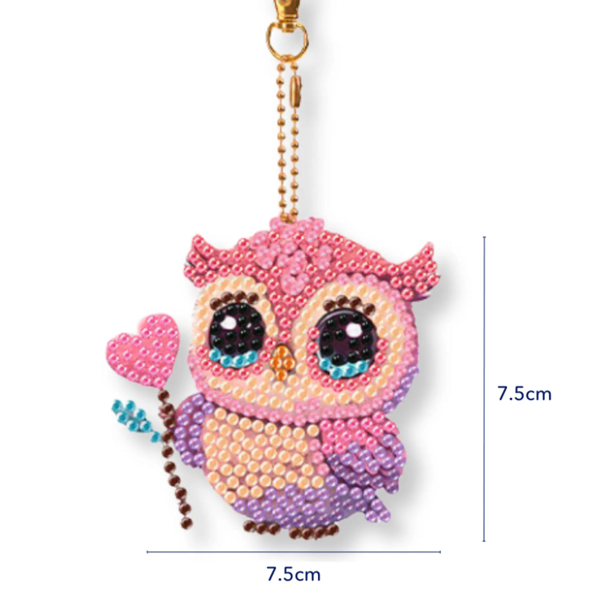 Diamond Painting Schlüsselanhänger als süße Eule in Rosa mit Herz aus glitzernden Steinen für kreative Bastelprojekte