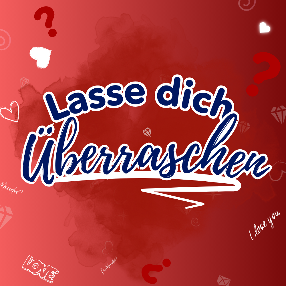 Diamond Painting Mystery-Box Motiv Liebe und Herzen mit rotem Hintergrund und Herz-Symbolen zum kreativen Basteln
