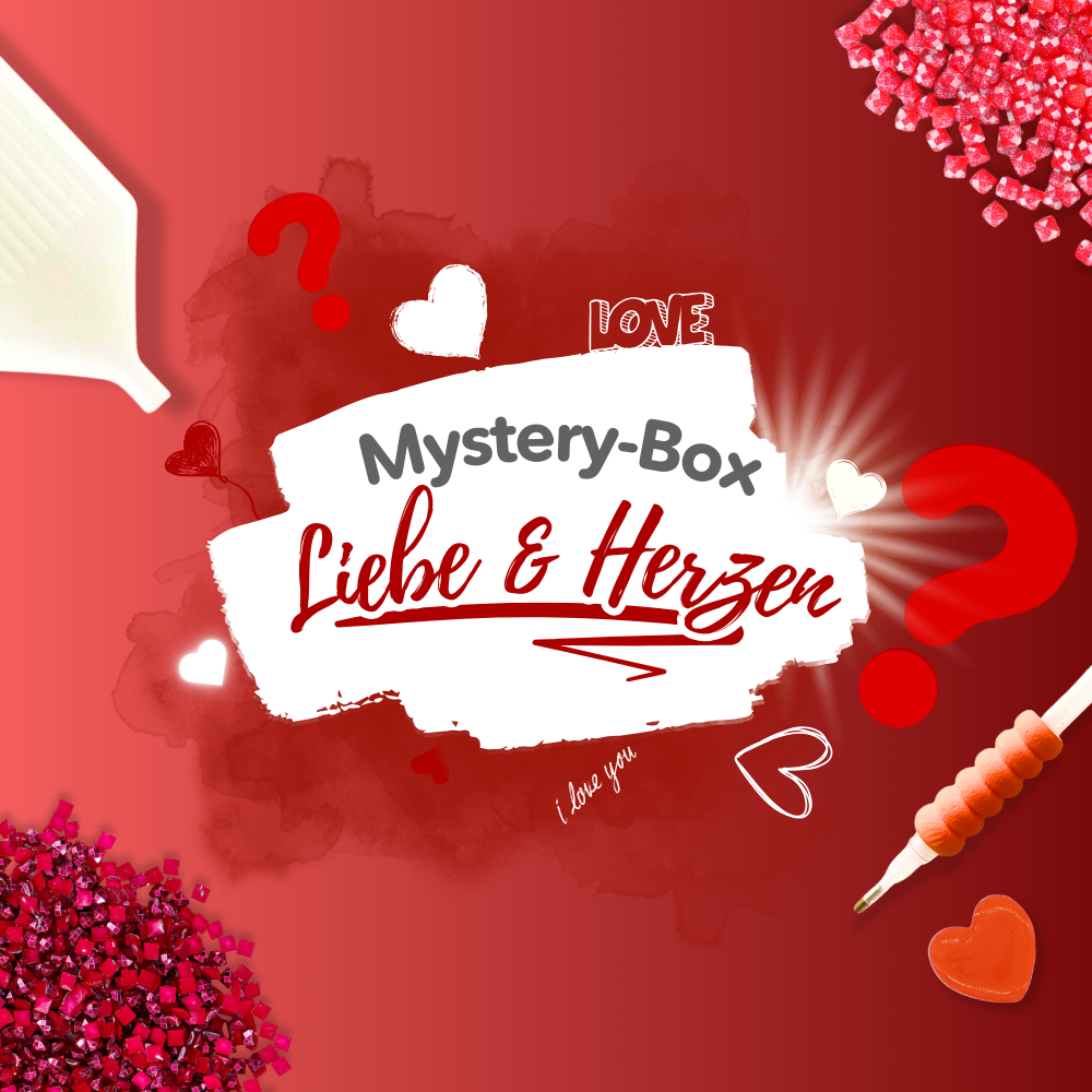 Diamond Painting Mystery-Box Thema Liebe & Herzen mit Glitzersteinen, Stift und Zubehör in rotem Design