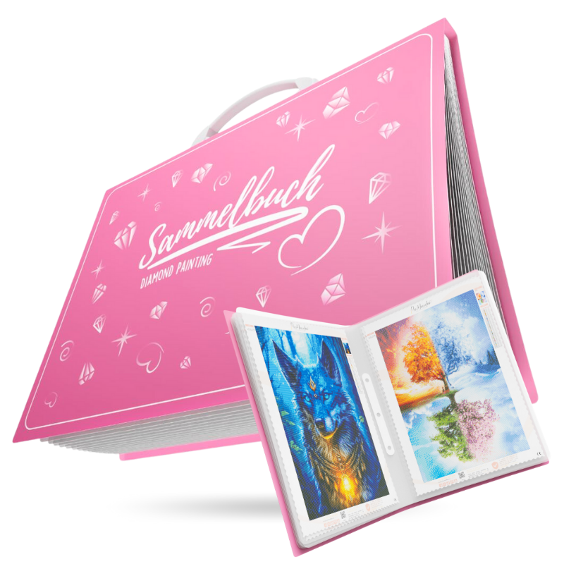 Pinkes Diamond Painting Sammelbuch mit Griff zur sicheren Aufbewahrung von fertigen Diamanten Painting Bildern