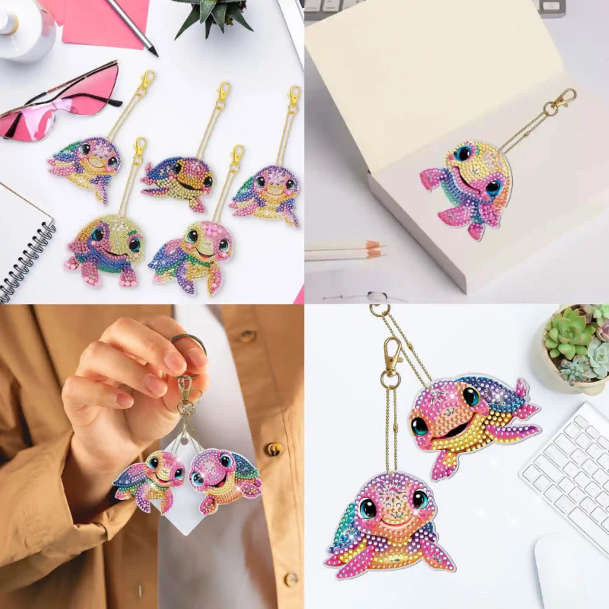 Diamond Painting Schlüsselanhänger Set mit bunten Schildkröten-Motiven aus funkelnden Diamantsteinen für Kinder und Anfänger