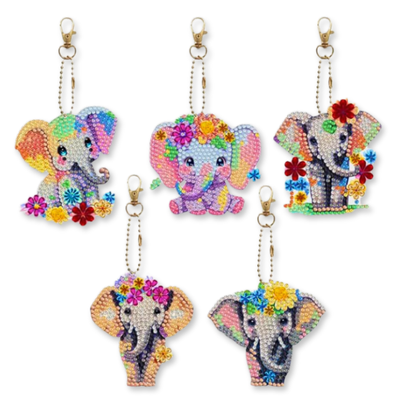 Fünf bunte Diamond Painting Schlüsselanhänger mit süßen Elefanten Motiven und glitzernden Steinchen zum Basteln