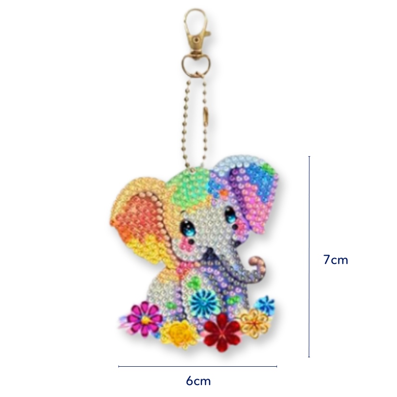 Bunter Diamond Painting Schlüsselanhänger als süßer Elefant mit glitzernden Steinen und Blumen-Details.