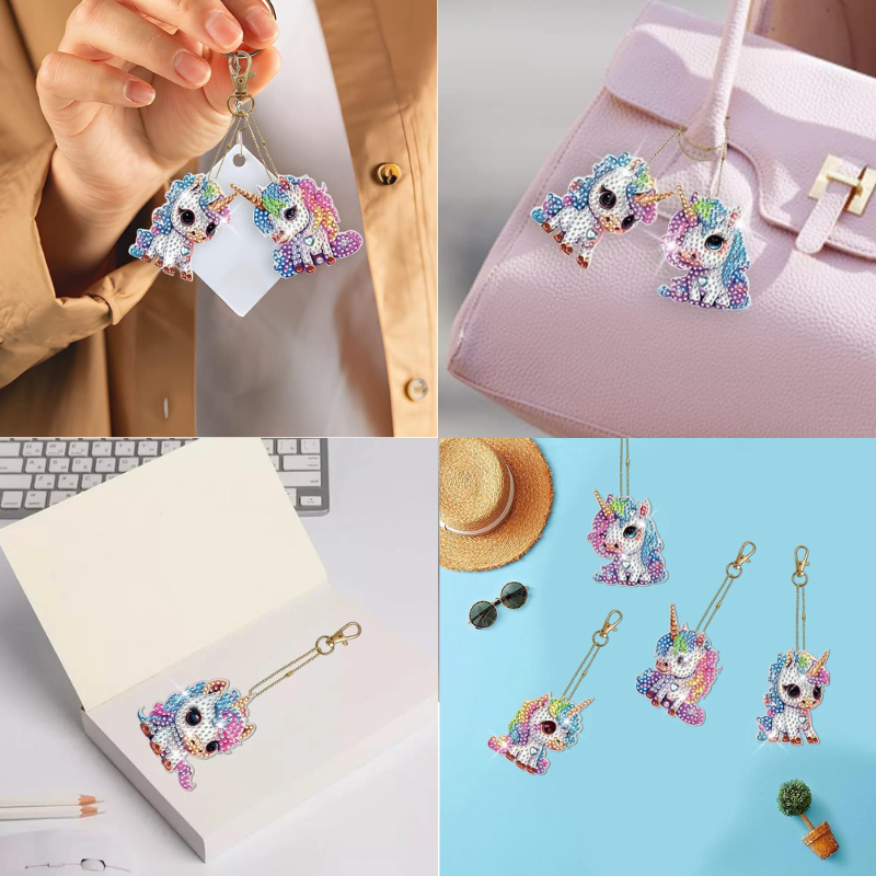 Bunte Diamond Painting Schlüsselanhänger mit Einhörnern und glitzernden Steinchen als DIY-Bastelset für Kinder