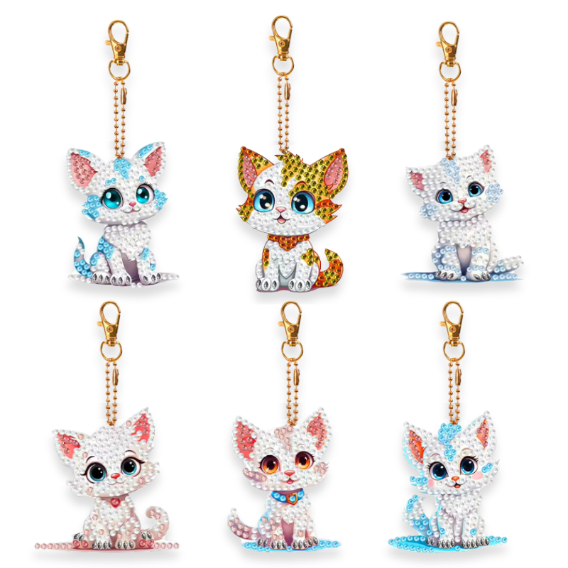 6 Diamond Painting Schlüsselanhänger mit süßen Katzen Motiven in bunten Farben und funkelnden Glitzersteinen