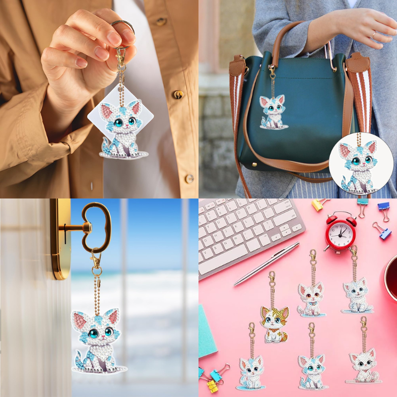 Diamond Painting Schlüsselanhänger Set mit süßen Katzenmotiven und glitzernden Steinen als DIY-Bastelset