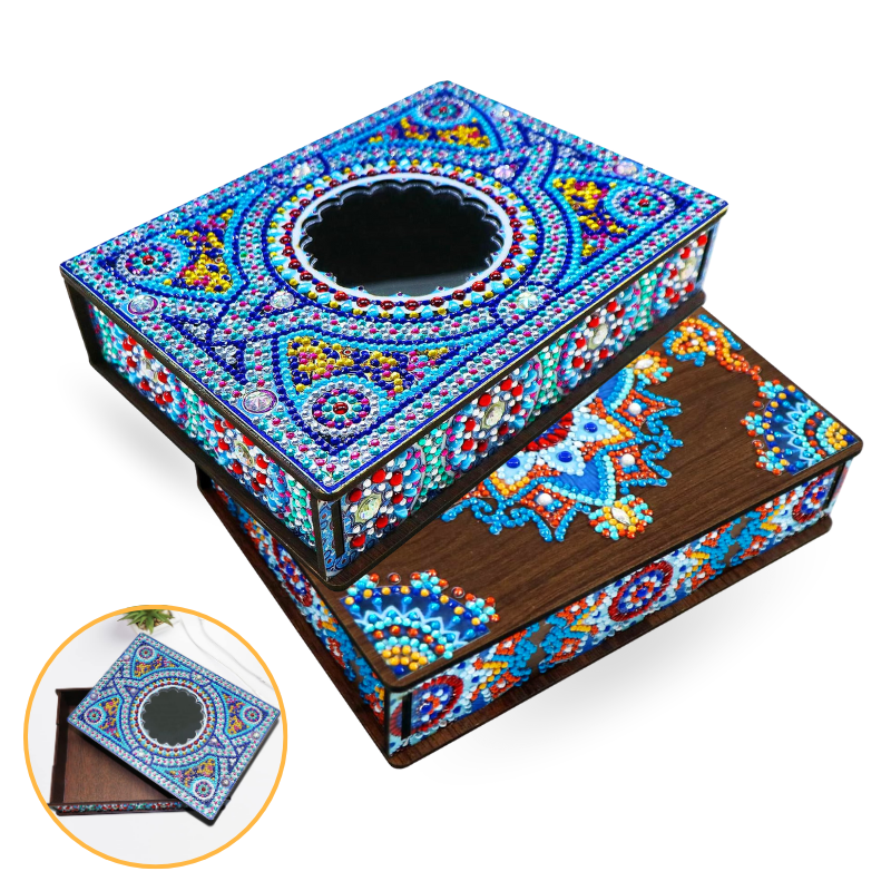 Diamond Painting Aufbewahrungsbox Mystic Mandala mit bunten Glitzersteinen auf Holz