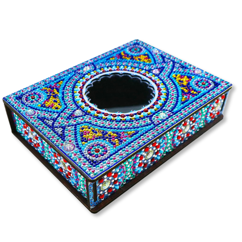 Diamond Painting Box Mystic Mandala mit blauem Glitzersteinchen-Design als praktische Aufbewahrung für DIY-Zubehör