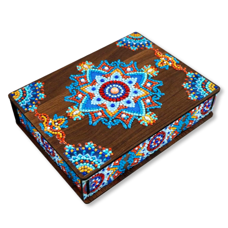 Diamond Painting Aufbewahrungsbox aus Holz mit buntem Mystic-Mandala-Design und funkelnden Glitzersteinen
