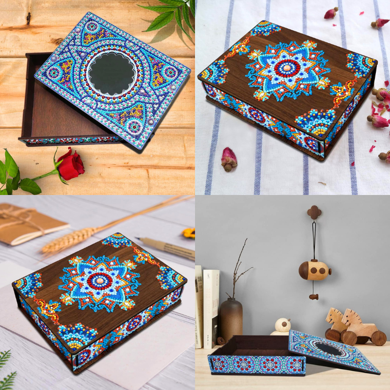 Diamond Painting Box mit farbenfrohem Mystic Mandala Motiv als Holz-Aufbewahrungsbox für Zubehör und Schmuck