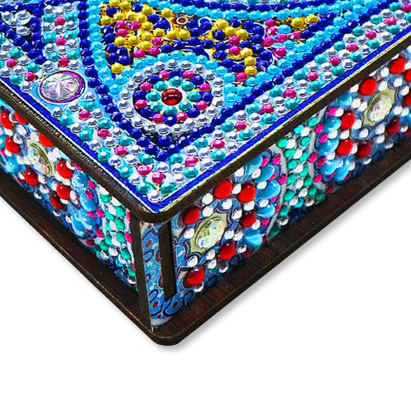 Diamond Painting Holzbox Mystic Mandala mit bunten Glitzersteinen zur Aufbewahrung von Bastelzubehör