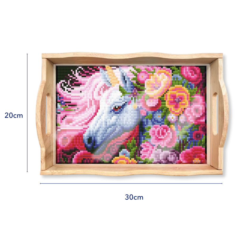 Holz Serviertablett mit fertigem Diamond Painting Motiv Einhorn und Blumen in bunten Strass Steinen