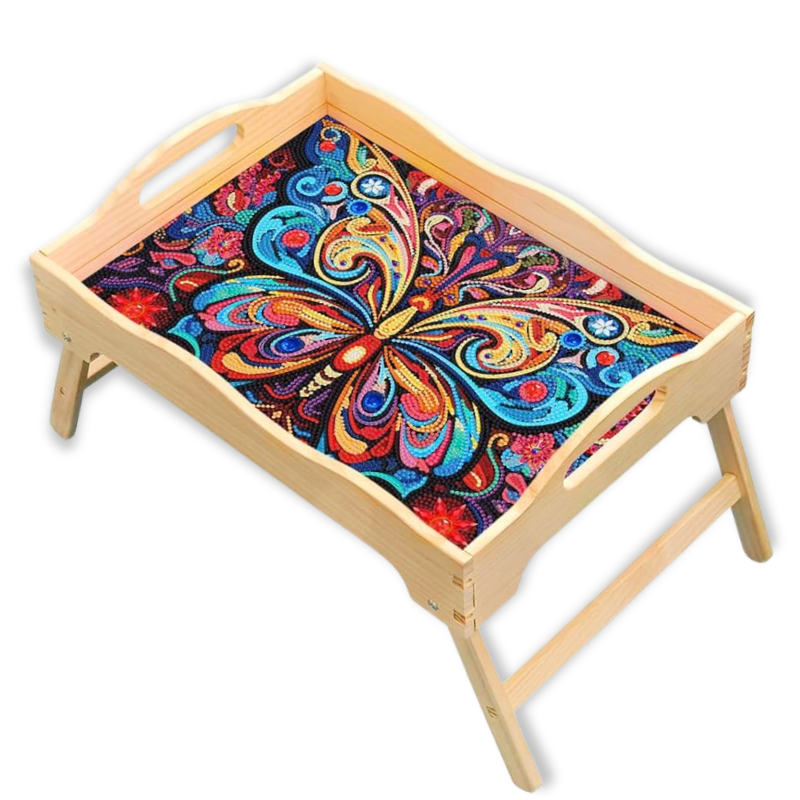 Serviertablett mit Holzrahmen und buntem Schmetterling Diamond Painting Motiv aus funkelnden Strasssteinen