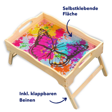 Diamond Painting Serviertablett mit buntem Schmetterling-Motiv, klappbaren Beinen und selbstklebender Arbeitsfläche