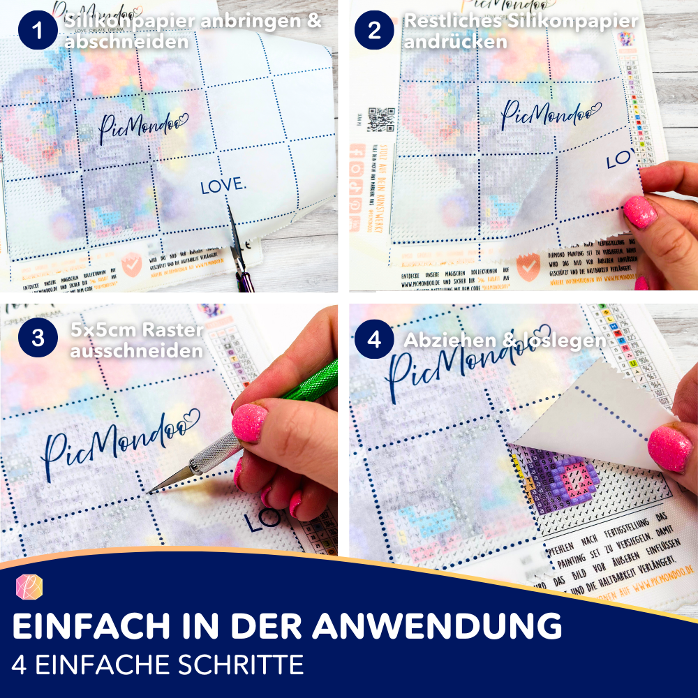 Anwendung von Diamond Painting Silikonpapier mit 5x5cm Raster auf einer Motivleinwand in 4 einfachen Schritten