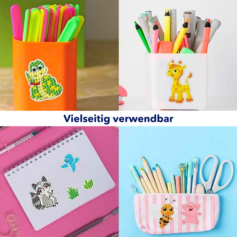 Bunte Diamond Painting Sticker mit Tier-Motiven wie Giraffe und Waschbär zur Dekoration von Stifteboxen und Notizblöcken