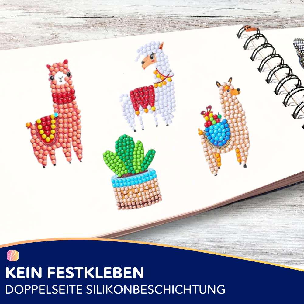 Diamond Painting Stickeralbum für DIY-Aufkleber mit niedlichen Lama- und Kaktus-Motiven auf silikonbeschichteten Seiten