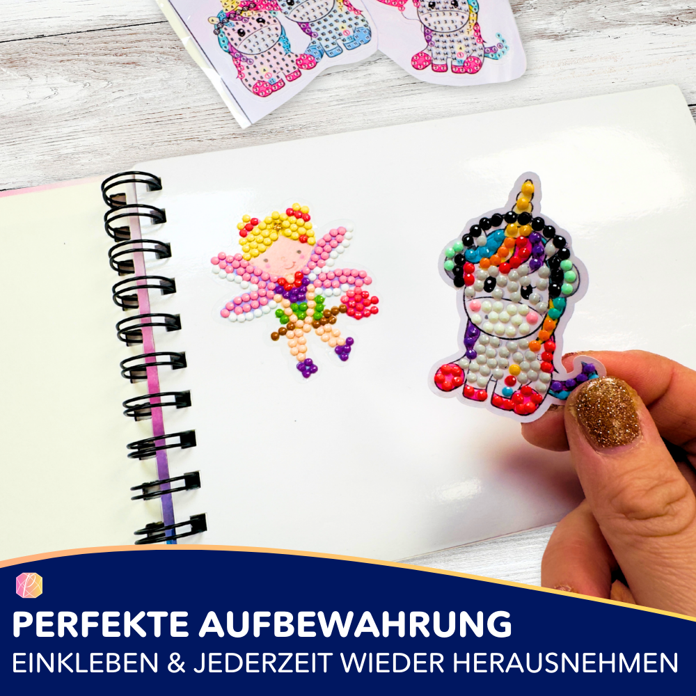 Diamond Painting Stickeralbum für Kinder mit bunten Einhorn- und Feen-Sticker zum Sammeln und Wiederabziehen