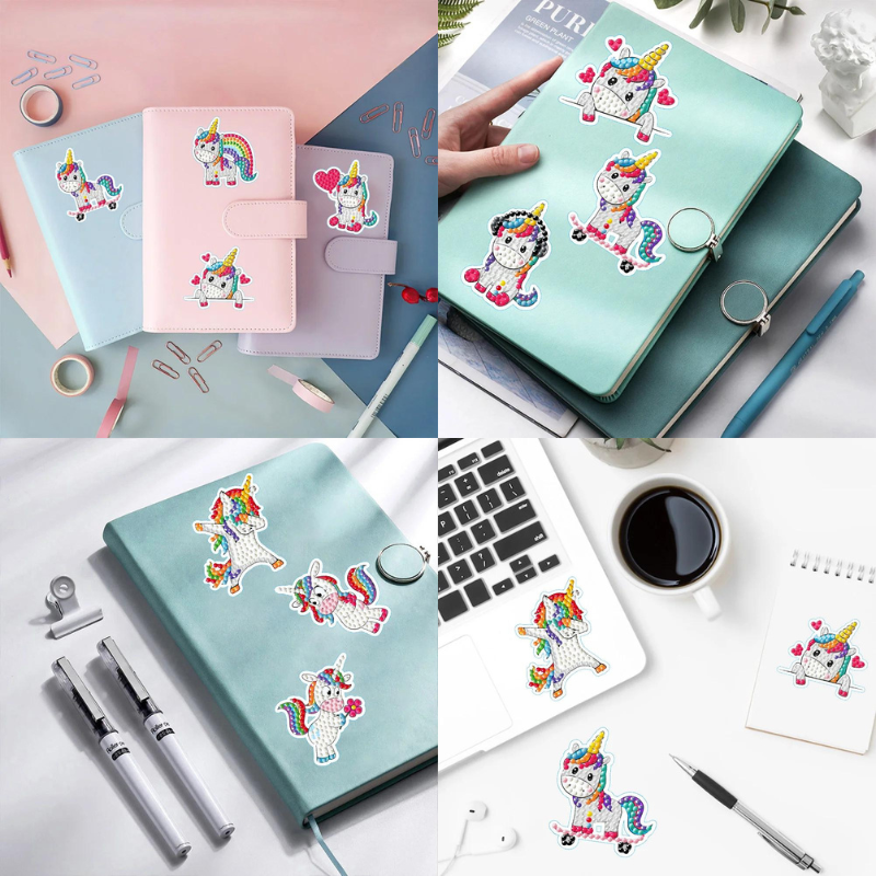 Bunte Diamond Painting Sticker mit süßen Einhorn-Motiven auf Notizbüchern und Laptops als kreatives DIY-Bastelset
