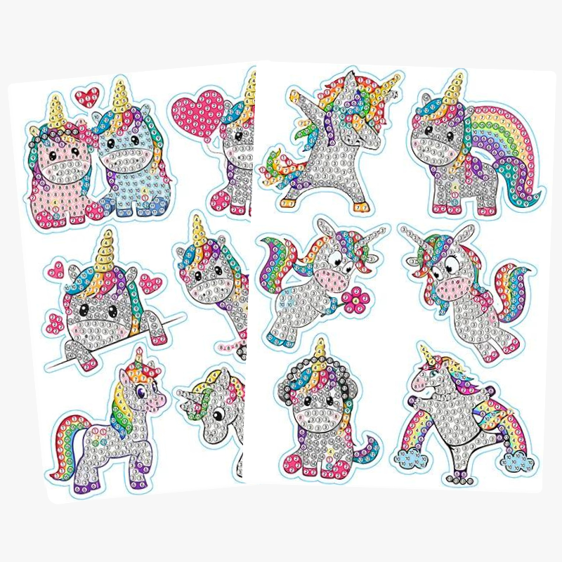 Diamond Painting Sticker Set mit niedlichen Einhorn-Motiven, Regenbogenfarben und Herzen zum Selberbelegen