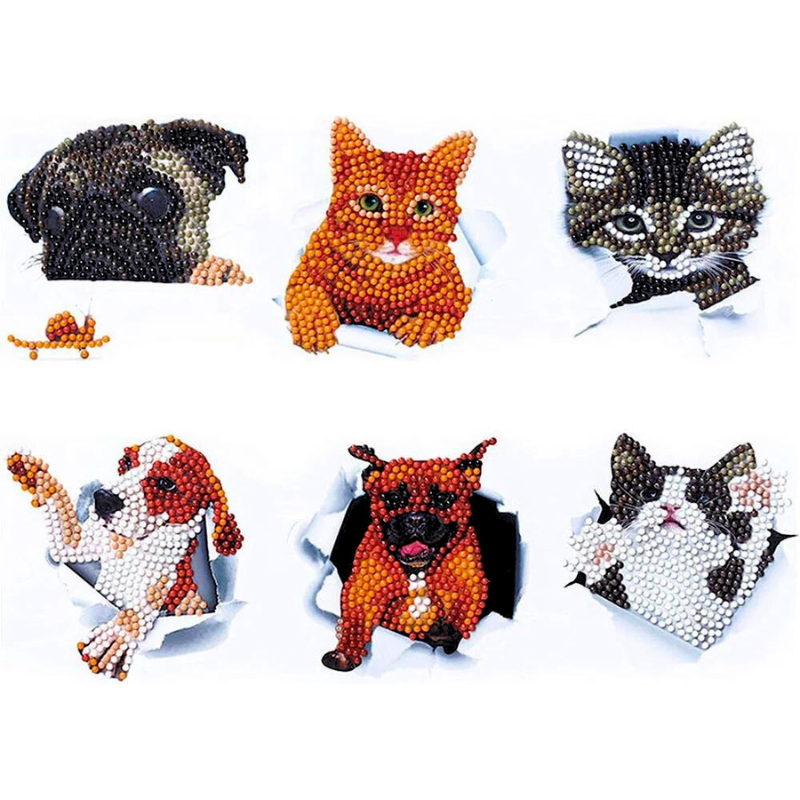 Diamond Painting Sticker Set mit bunten Hund- und Katzenmotiven aus glitzernden Diamanten für DIY-Projekte
