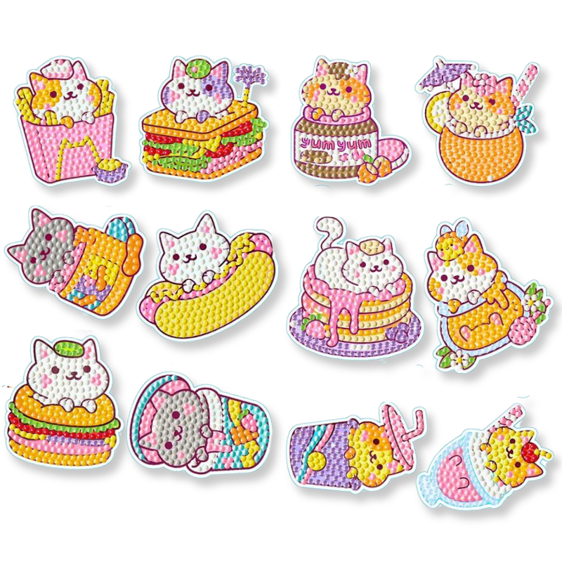 Diamond Painting Sticker Set mit niedlichen Katzenmotive als Burger, Pommes, Eis und Cocktails zum Selbstgestalten.