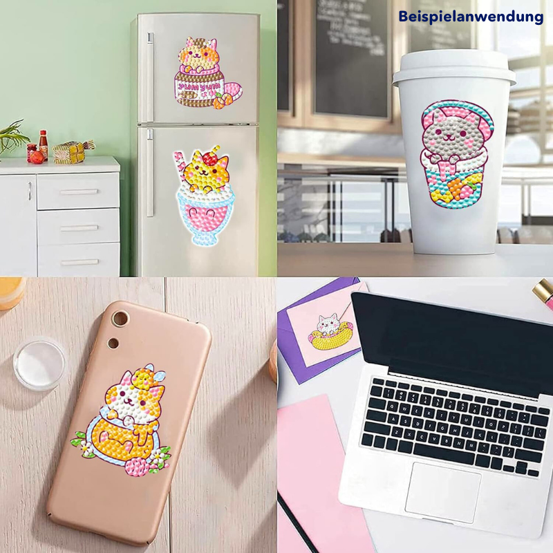 Diamond Painting Sticker Set mit niedlichen Yum Yum Katzen Motiven, angebracht auf Kühlschrank, Handyhülle und Becher.