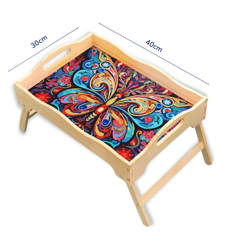 Dekoratives Diamond Painting Serviertablett mit buntem Schmetterling-Motiv und 30x40 cm Holzgestell
