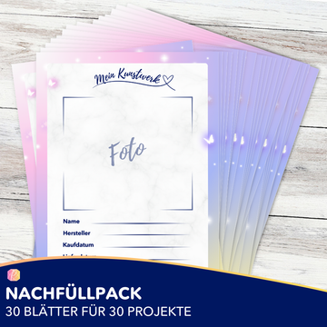 Nachfüllpack mit 30 Tagebuch-Blättern für Diamond Painting Projekte und Malen nach Zahlen Kunstwerke mit Notizfeldern