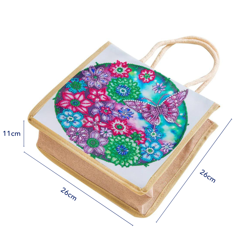Diamond Painting Tasche mit Blumen- und Schmetterlingsmotiv, bunte DIY-Einkaufstasche aus Leinen mit Glitzersteinen