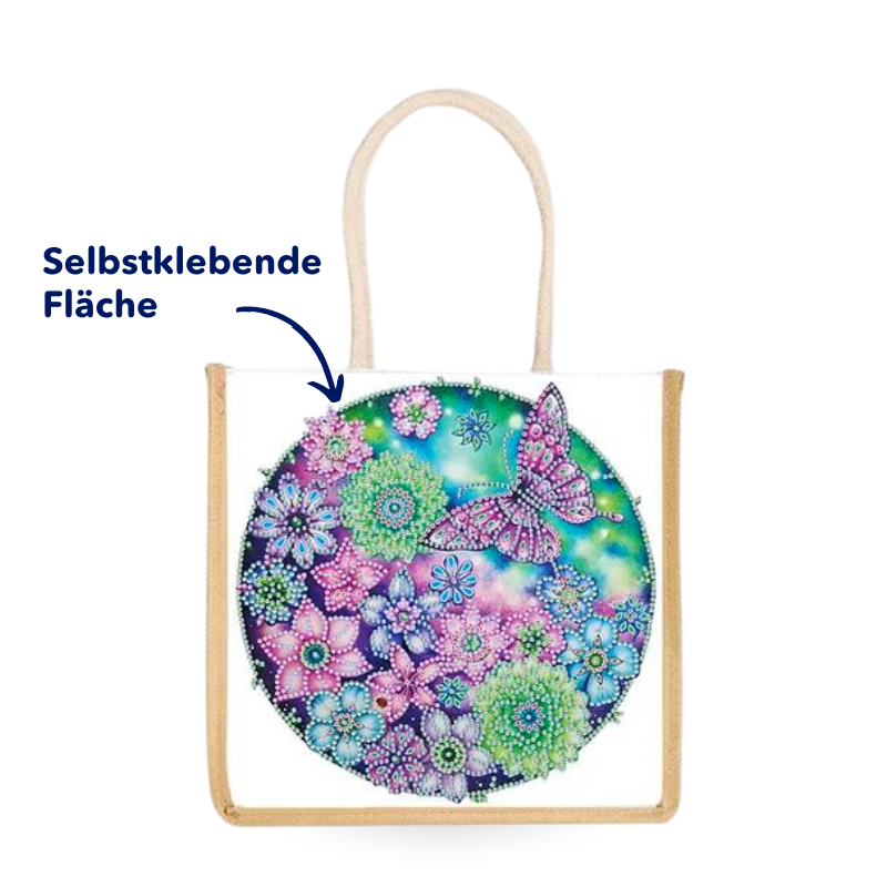 Diamond Painting Tasche mit Blumen- und Schmetterlingsmotiv zum Selbstgestalten und selbstklebender Fläche