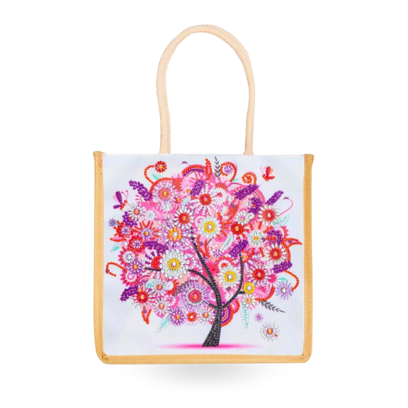 Ökologische Diamond Painting Tasche mit buntem Baum-Motiv aus glitzernden Steinen als stilvoller Shopper