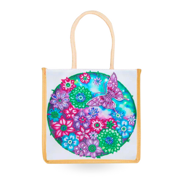 Wiederverwendbare Diamond Painting Tasche mit buntem Schmetterling und Blumen Motiv aus funkelnden Steinen