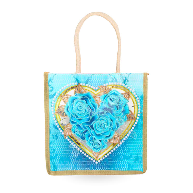 Wiederverwendbare Diamond Painting Tasche mit blauem Rosen-Herz Motiv und funkelnden Steinen als stilvoller Shopper