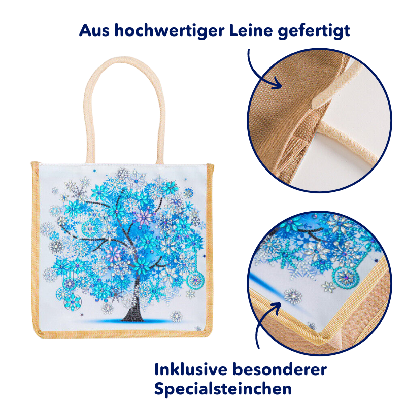 Diamond Painting Tasche mit blauem Baum Motiv aus Leinen, inklusive funkelnden Specialsteinchen für DIY-Fans