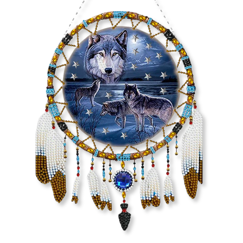 Diamond Painting Traumfänger mit Wolfsmotiv, Sternenhimmel und bunten Glitzersteinen als dekoratives Bastelset