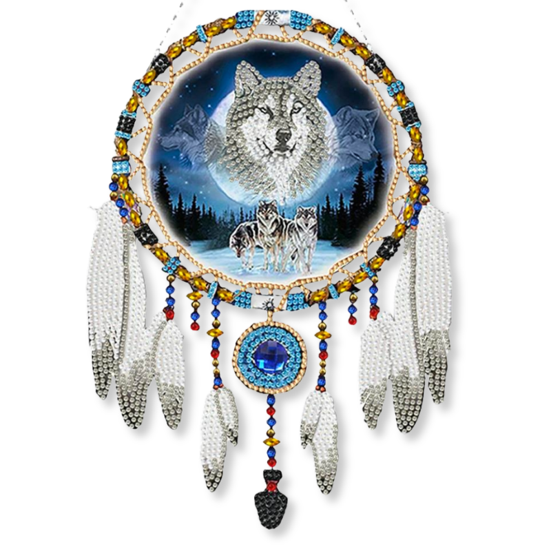 Diamond Painting Traumfänger mit Wolfsmotiv, funkelnden Steinen, Federn und nächtlichem Sternenhimmel als Wanddeko.