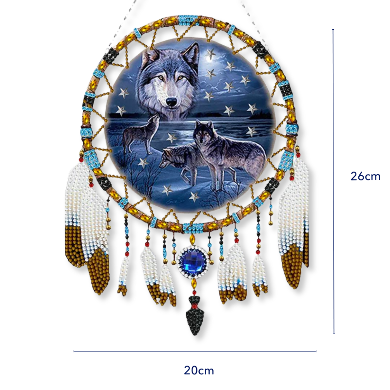 Diamond Painting Traumfänger mit Wolf Motiv, Sternenhimmel und bunten glitzernden Schmucksteinen als Wanddekoration