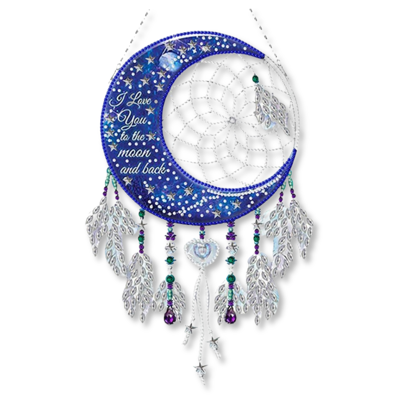 Diamond Painting Traumfänger mit Mond-Motiv, funkelnden Steinen, Federn und Sternenhimmel-Design als Wanddeko.