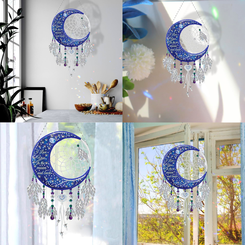 Glitzerndes Diamond Painting Traumfänger Set mit Mond-Motiv, blauen Steinen und Federn als funkelnde Wand-Dekoration.
