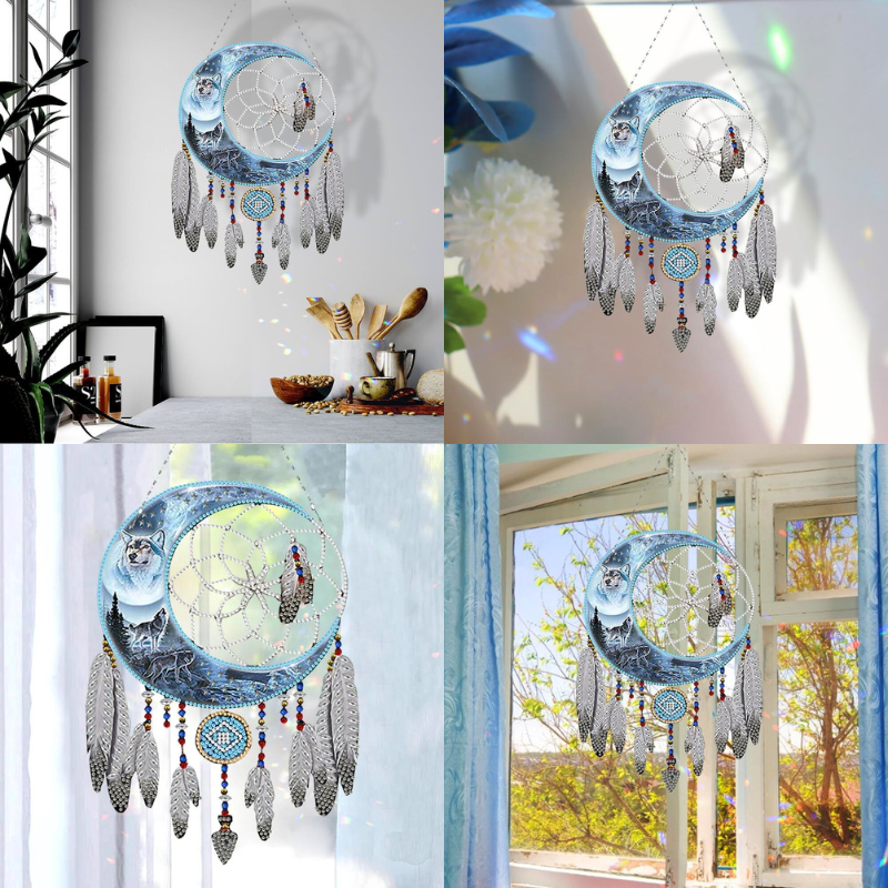 Glitzerndes Diamond Painting Traumfänger Set mit Wolf-Motiv, Mond und Federn als dekorative Wandgestaltung