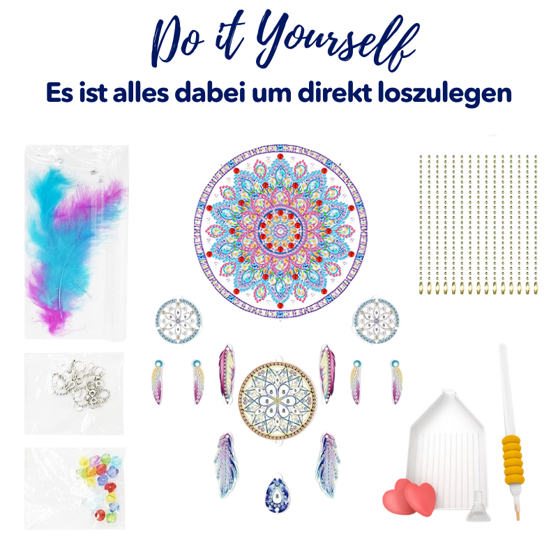 Diamond Painting Traumfänger Set mit bunten Federn, Acrylsteinen, Stift, Schiffchen und Zubehör zum Basteln