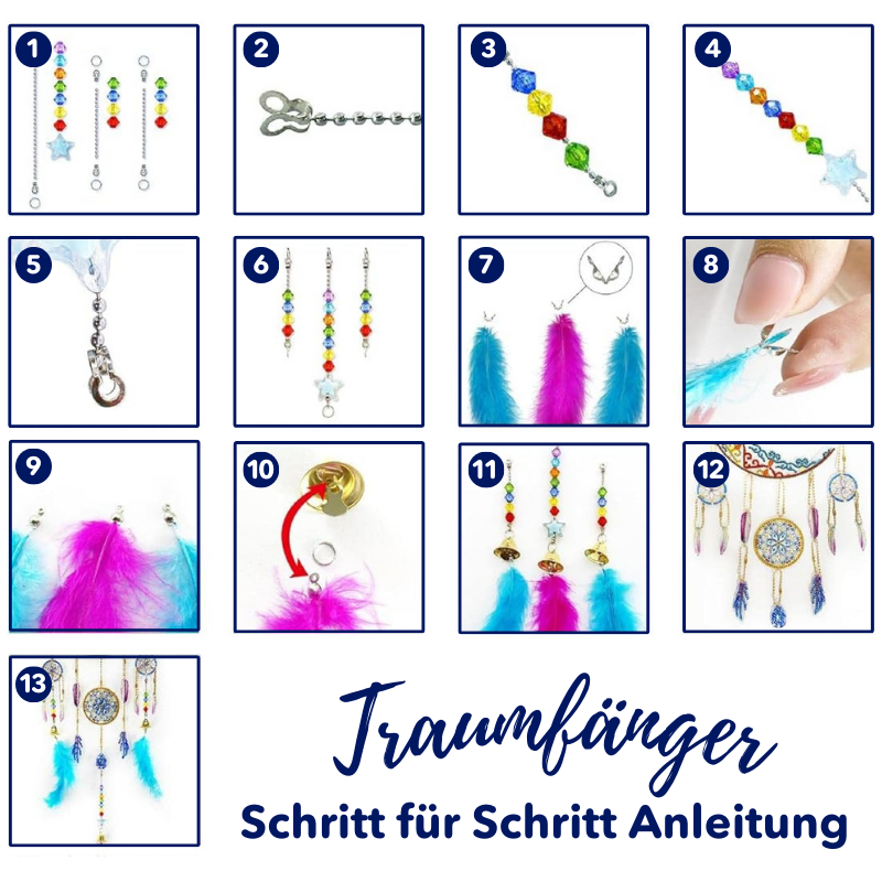 Schritt-für-Schritt-Anleitung zur Montage eines DIY Diamond Painting Traumfängers mit bunten Kristallperlen und Federn