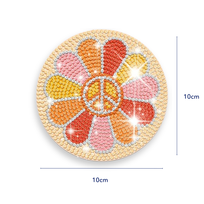 Runder Diamond Painting Untersetzer mit buntem Peace-Blumen-Motiv aus glitzernden Strass-Steinen