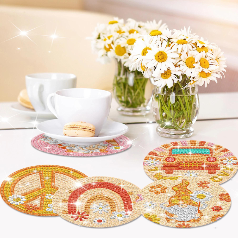 Diamond Painting Untersetzer Set mit Peace, Regenbogen und Love Motiven glänzend mit runden Steinen verziert