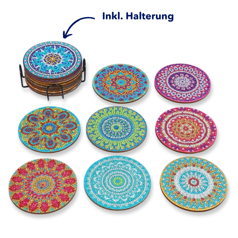 Runde Diamond Painting Untersetzer mit bunten Mandala-Motiven und praktischer Metall-Halterung