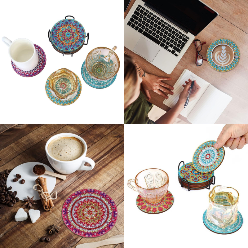 Diamond Painting Untersetzer Set mit bunten Mandala Motiven und funkelnden Strasssteinen für Tassen