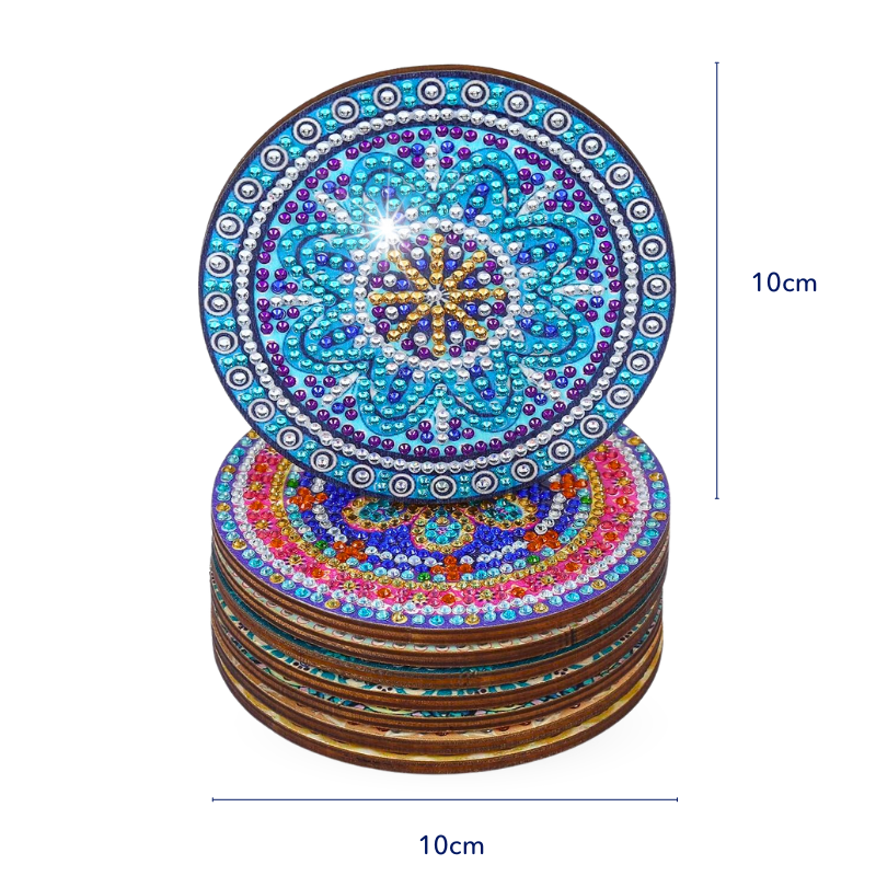 Runde Diamond Painting Untersetzer mit buntem Mandala-Motiv und glitzernden Strass Steinen, 10cm Durchmesser DIY-Set